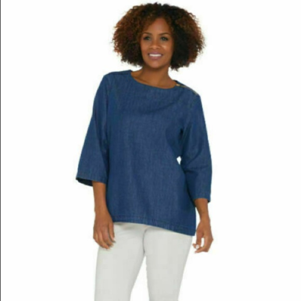 Martha Stewart denim gold side zip blouse